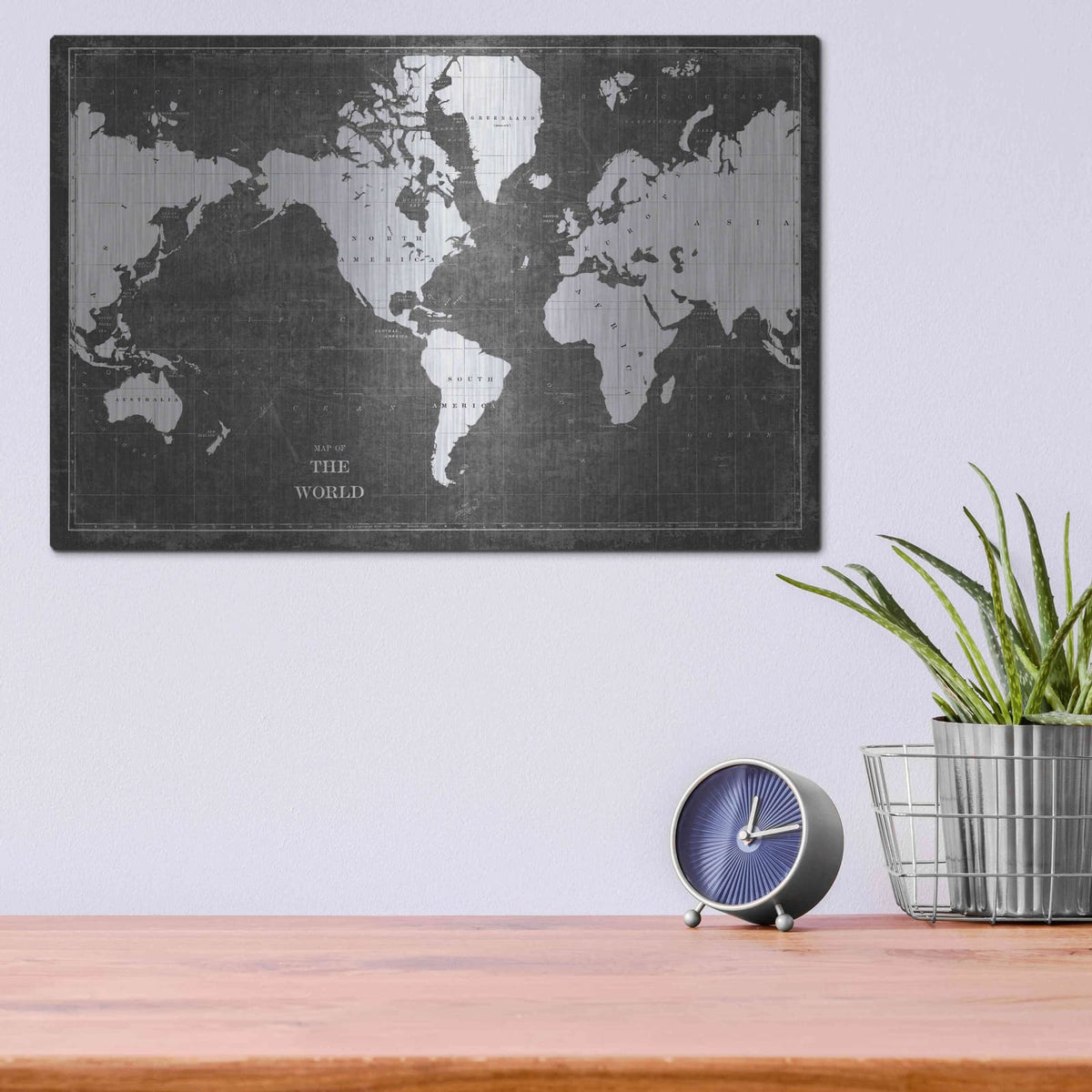 'Blueprint World Map Gray' by Sue Schlabach – Metal Wall Art, 16x12 room view