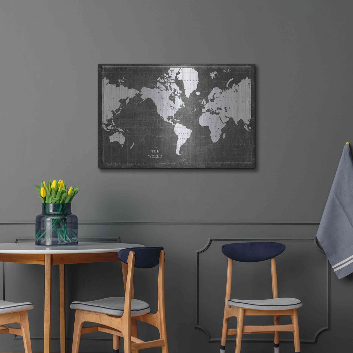 'Blueprint World Map Gray' by Sue Schlabach – Metal Wall Art, 36x24 room view