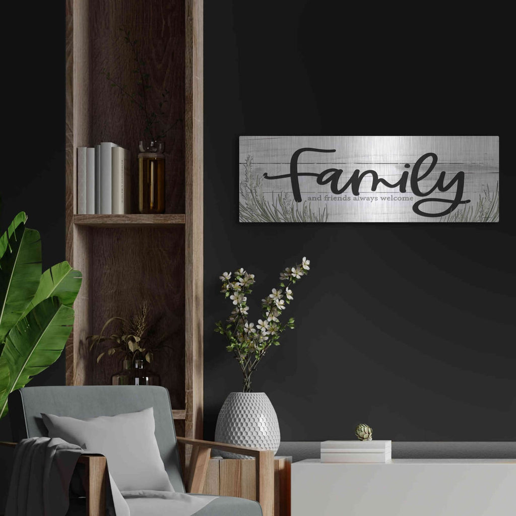 'Family and Friends Always Welcome' by Susie Boyer – Metal Wall Art, 36x12 room view