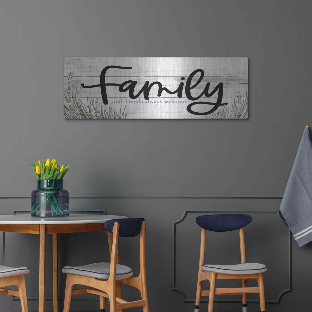 'Family and Friends Always Welcome' by Susie Boyer – Metal Wall Art, 48x16 room view