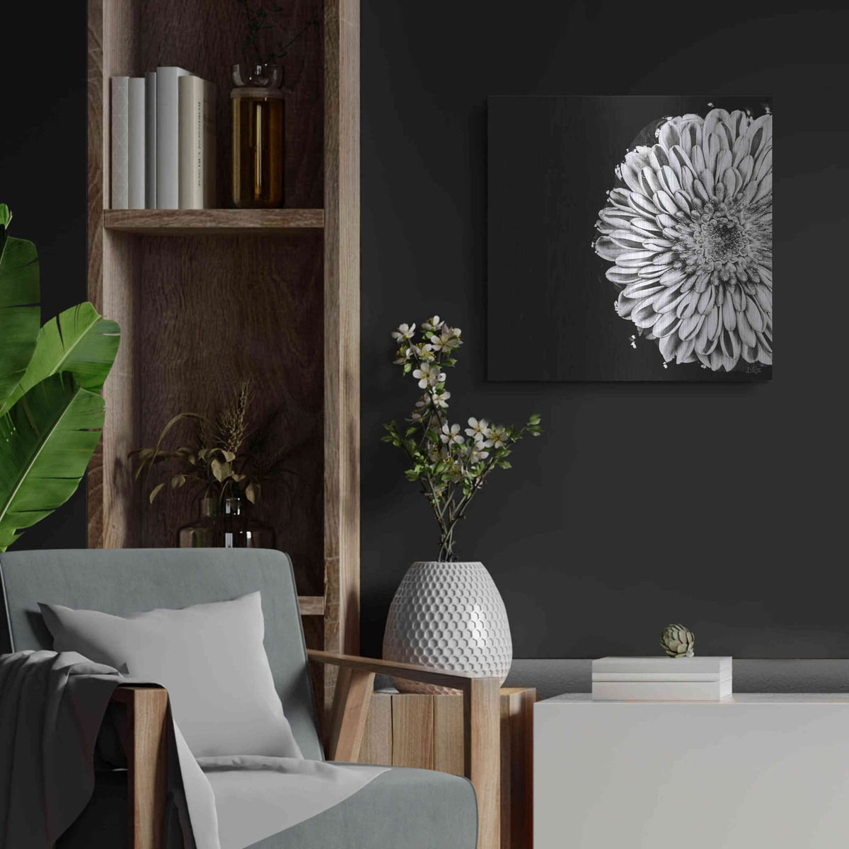 'Black and White Flower Love II' by Donnie Quillen – Metal Wall Art, 24x24 room view