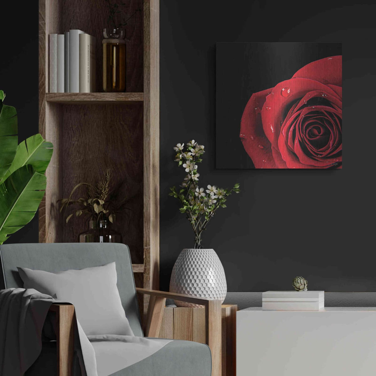 'Pop of Red Rose' by Donnie Quillen – Metal Wall Art, 24x24 room view