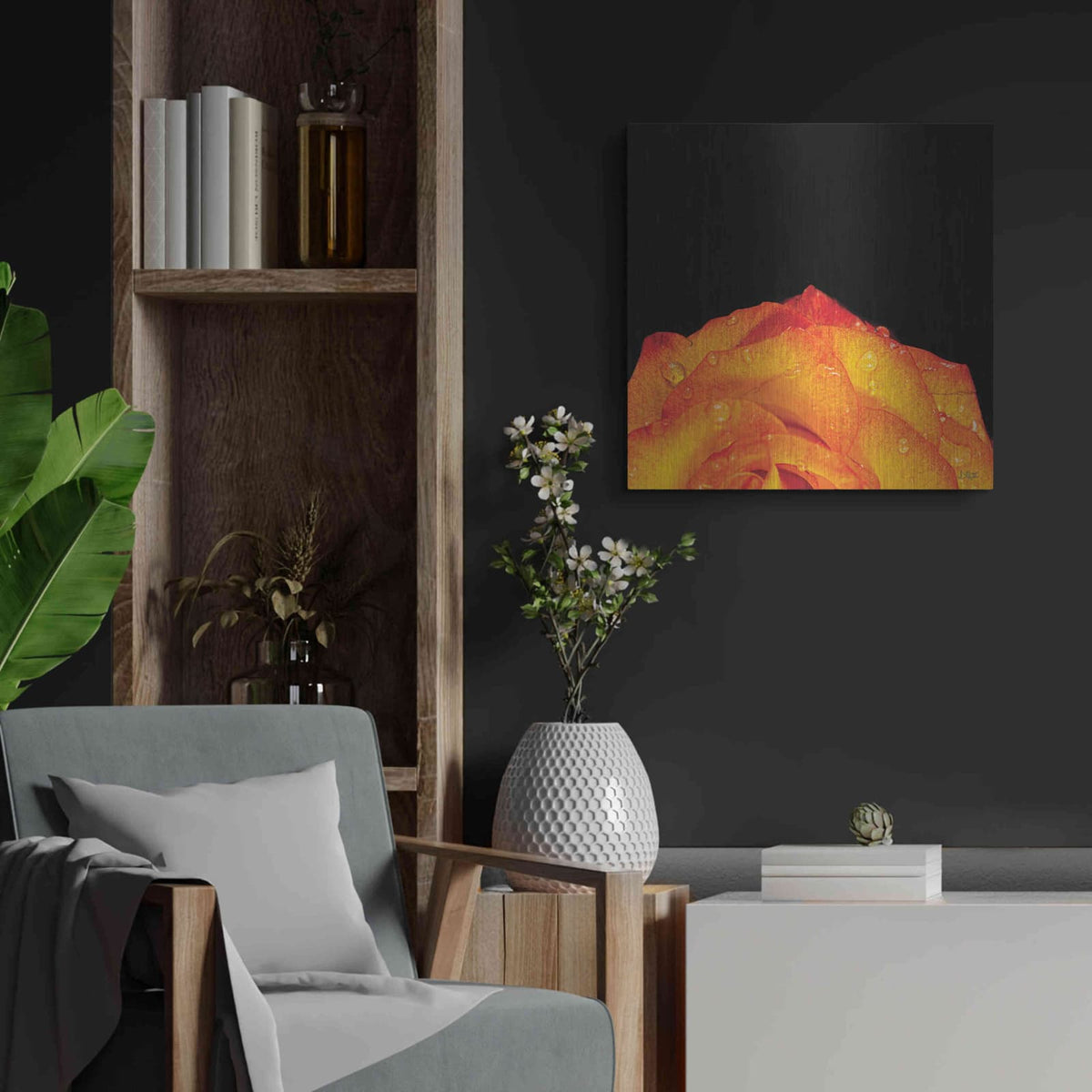 'Orange Petals' by Donnie Quillen – Metal Wall Art, 24x24 room view