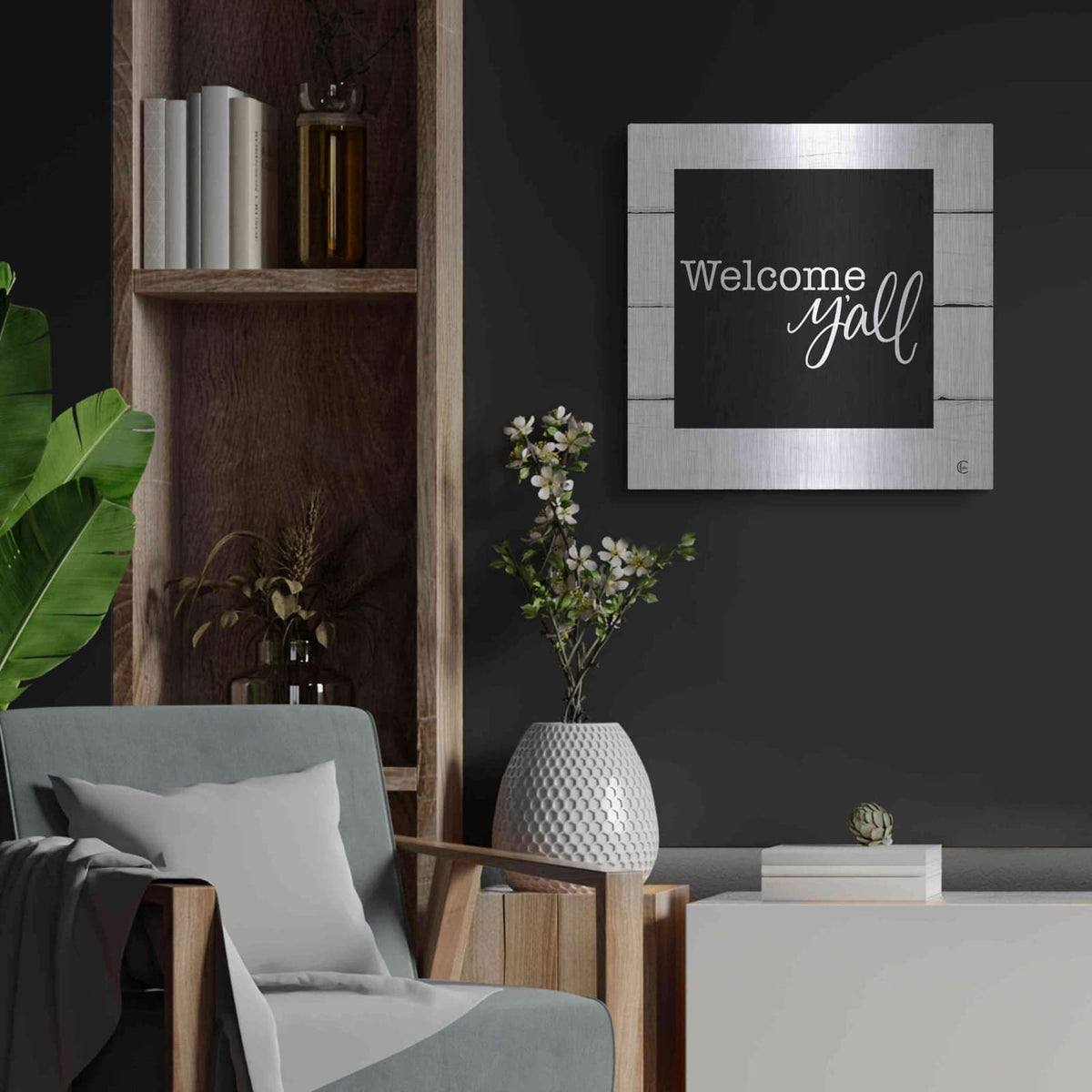'Welcome Y'all' by Fearfully Made – Metal Wall Art, 24x24 room view
