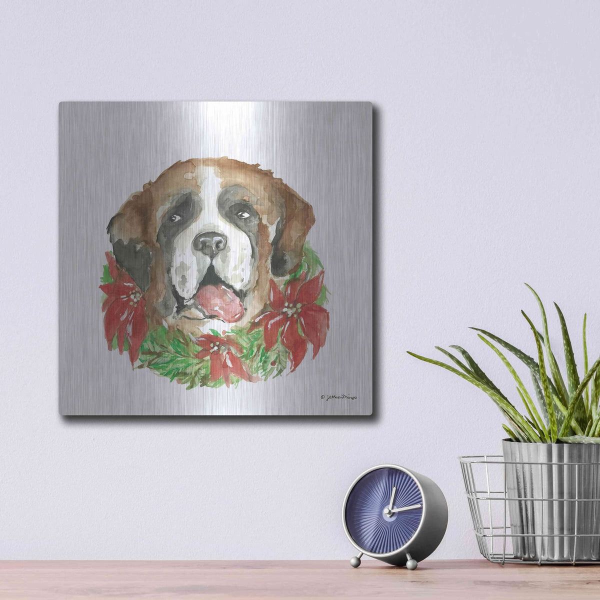 'Christmas Pup' by Jessica Mingo – Metal Wall Art, 12x12 room view