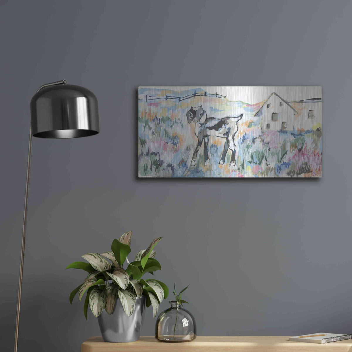 'Daisy the Goat' by Jessica Mingo – Metal Wall Art, 24x12 room view