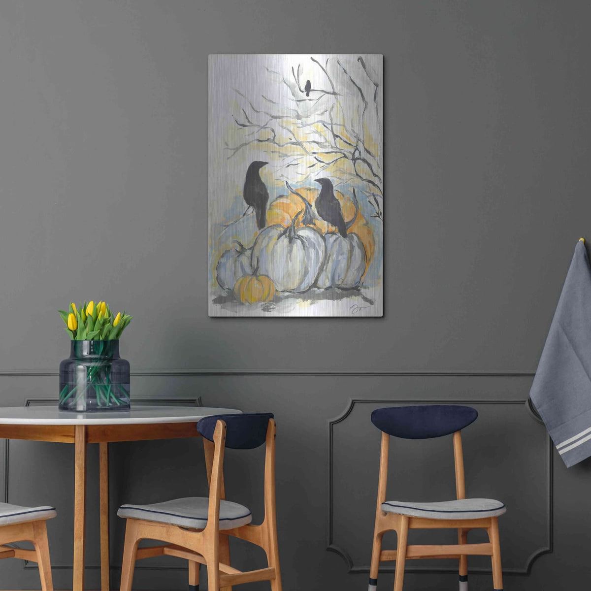 'Crows in the Pumpkin Patch' by Jessica Mingo – Metal Wall Art, 24x36 room view