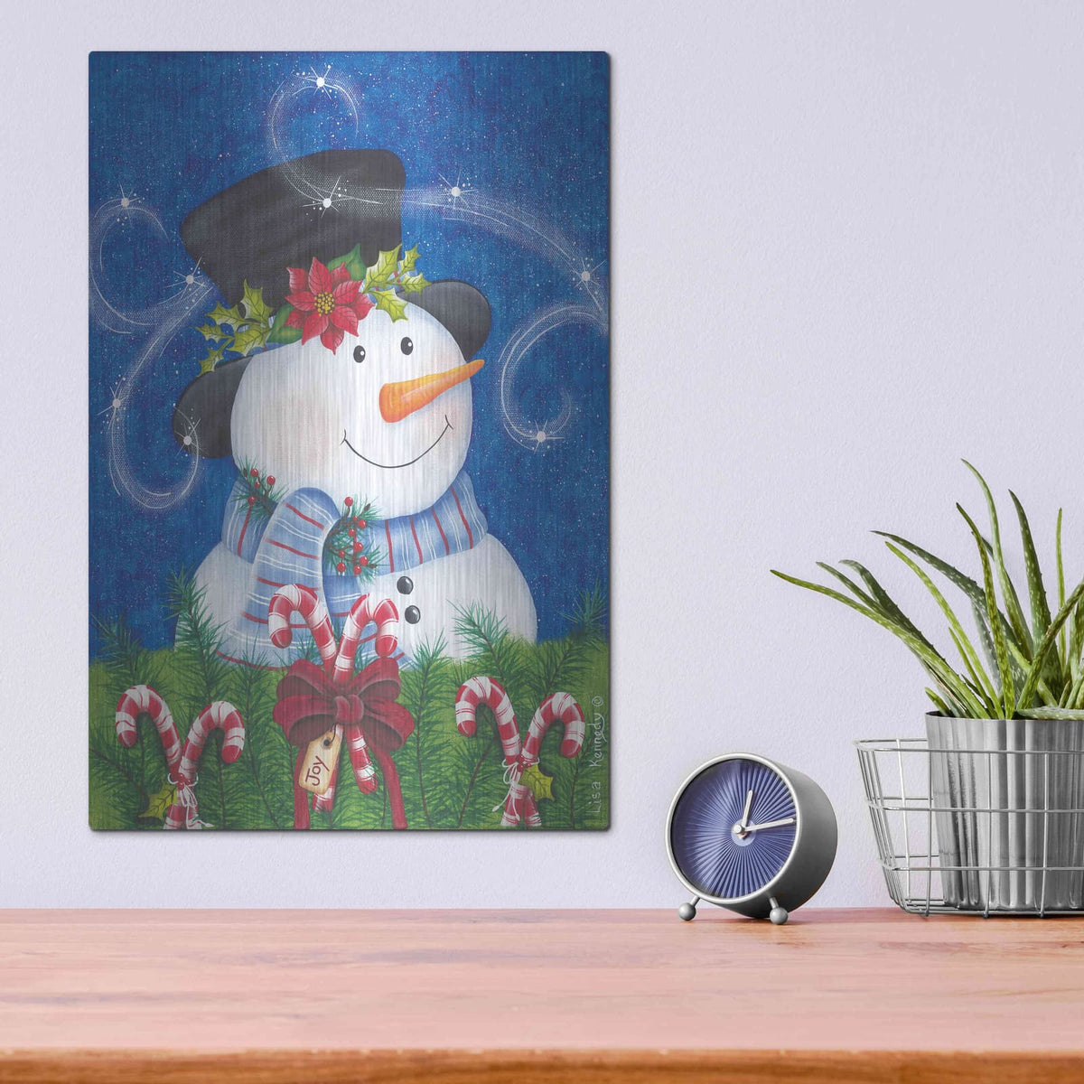 'Snowman & Candy Canes' by Lisa Kennedy – Metal Wall Art, 12x16 room view