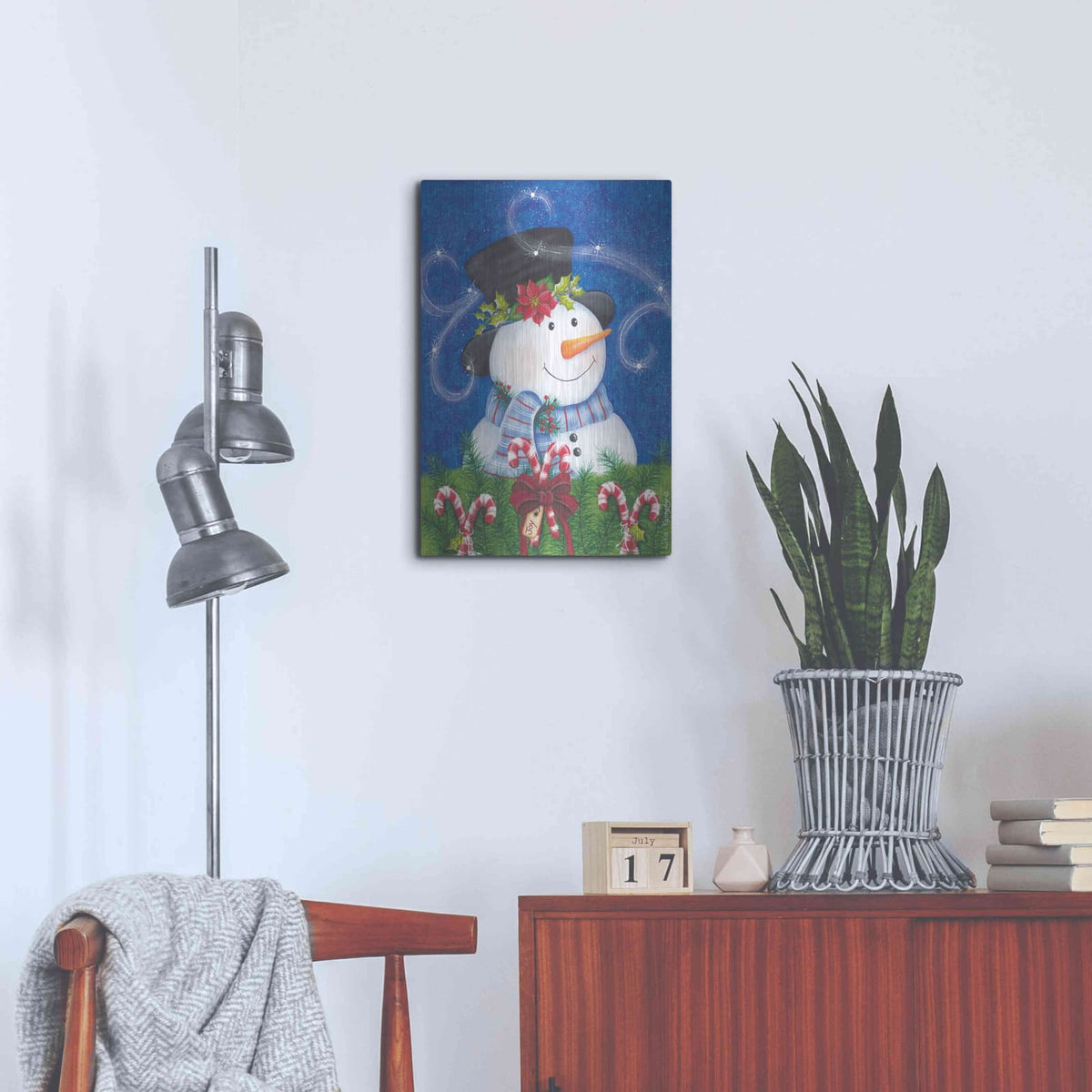 'Snowman & Candy Canes' by Lisa Kennedy – Metal Wall Art, 16x24 room view