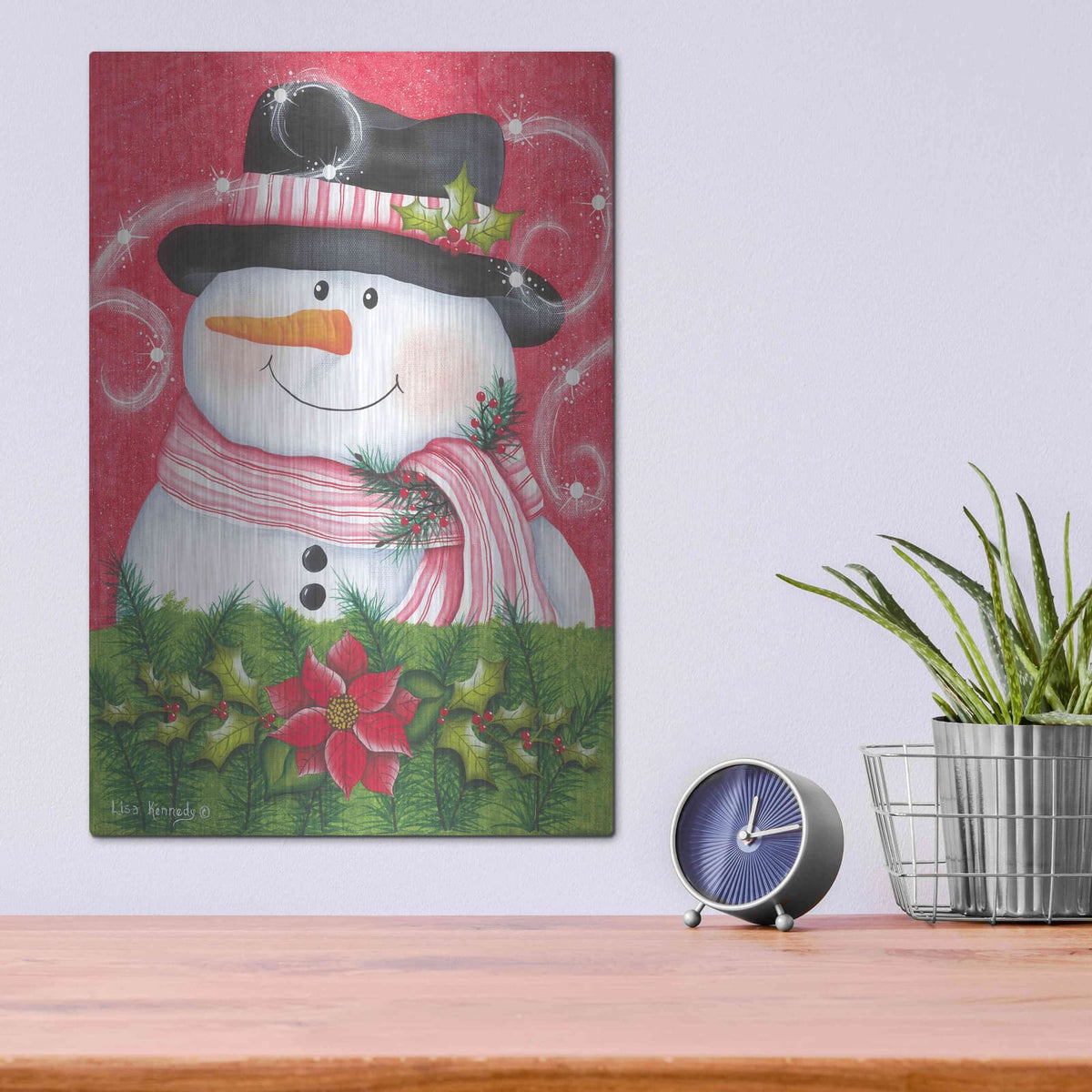 'Snowman & Poinsettia' by Lisa Kennedy – Metal Wall Art, 12x16 room view