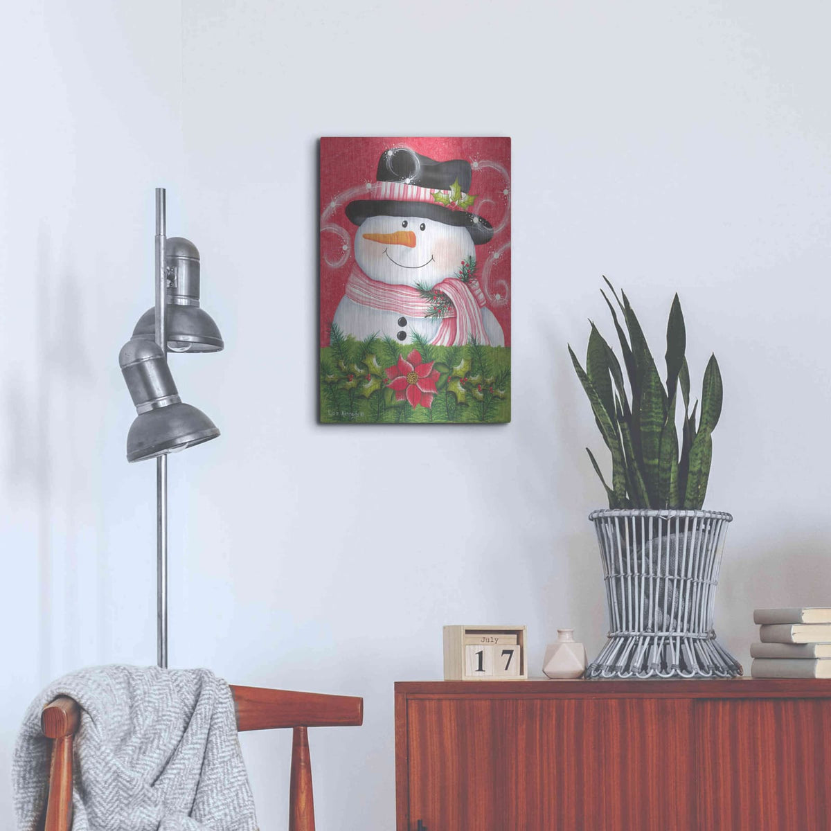 'Snowman & Poinsettia' by Lisa Kennedy – Metal Wall Art, 16x24 room view