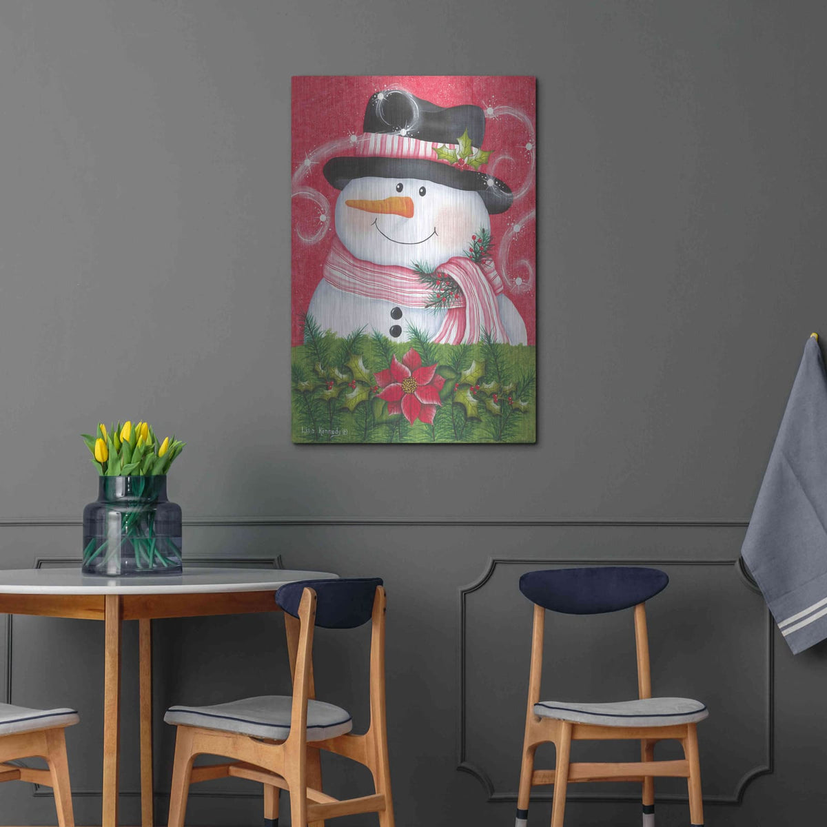 'Snowman & Poinsettia' by Lisa Kennedy – Metal Wall Art, 24x36 room view