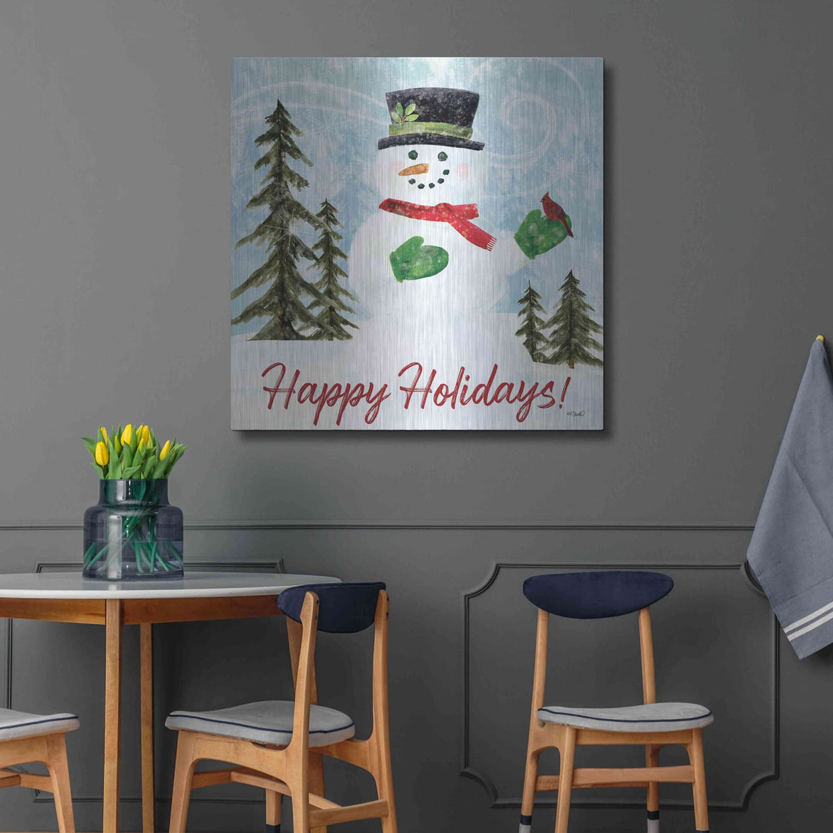 'Happy Holidays Snowman' by Kate Sherrill – Metal Wall Art, 36x36 room view