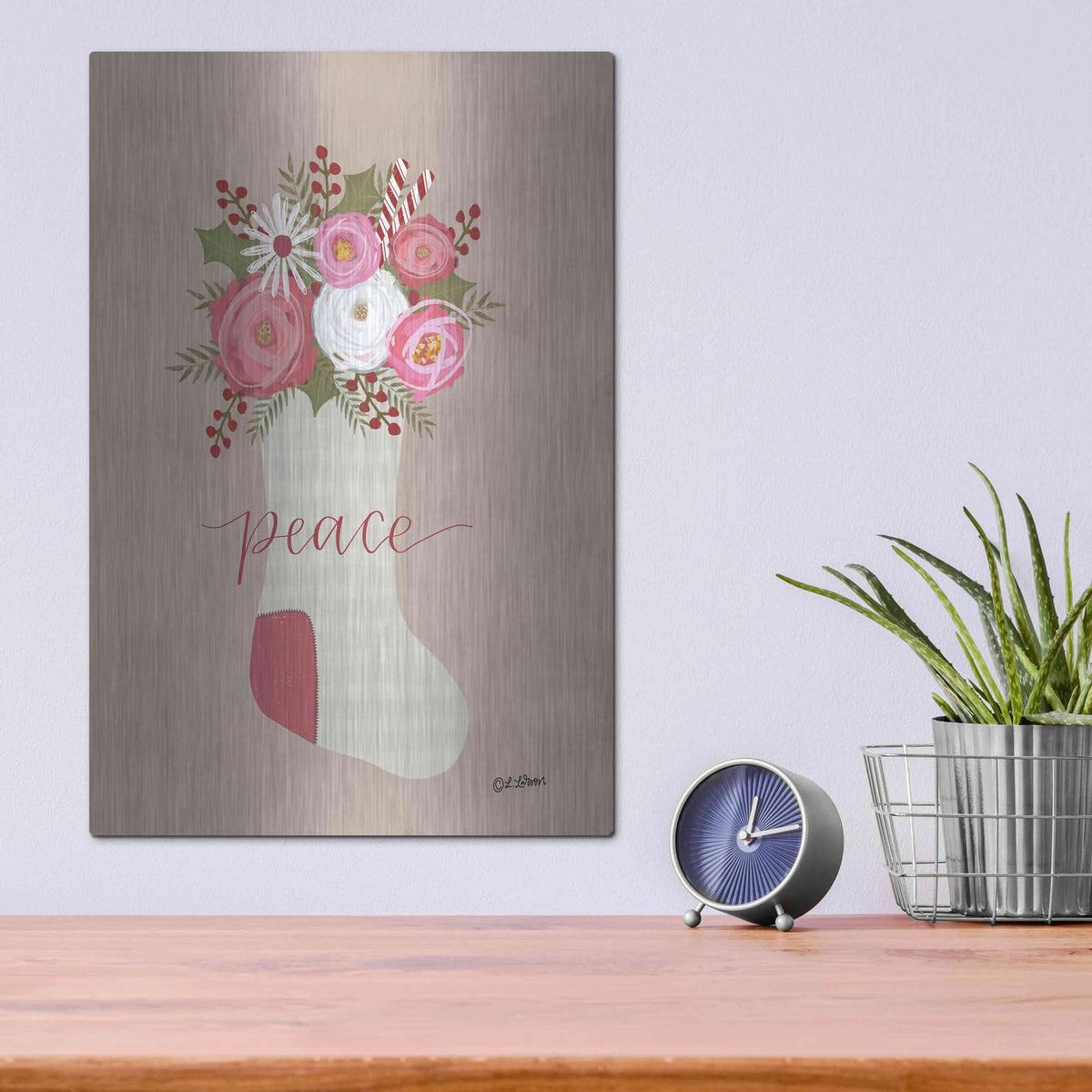 'Peace Christmas Stocking' by Lisa Larson – Metal Wall Art, 12x16 room view