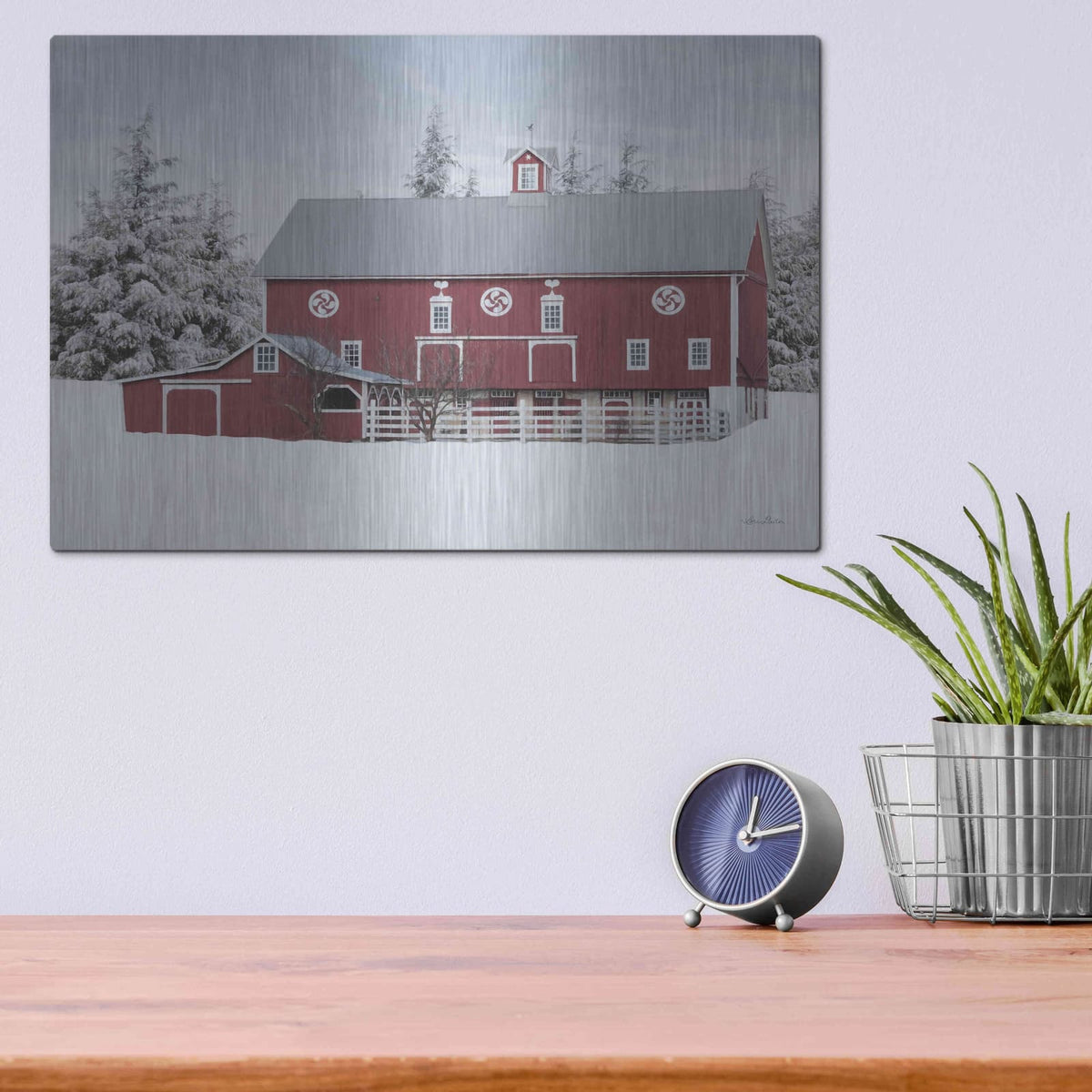 'Red Barn in the Pines' by Lori Deiter – Metal Wall Art, 16x12 room view