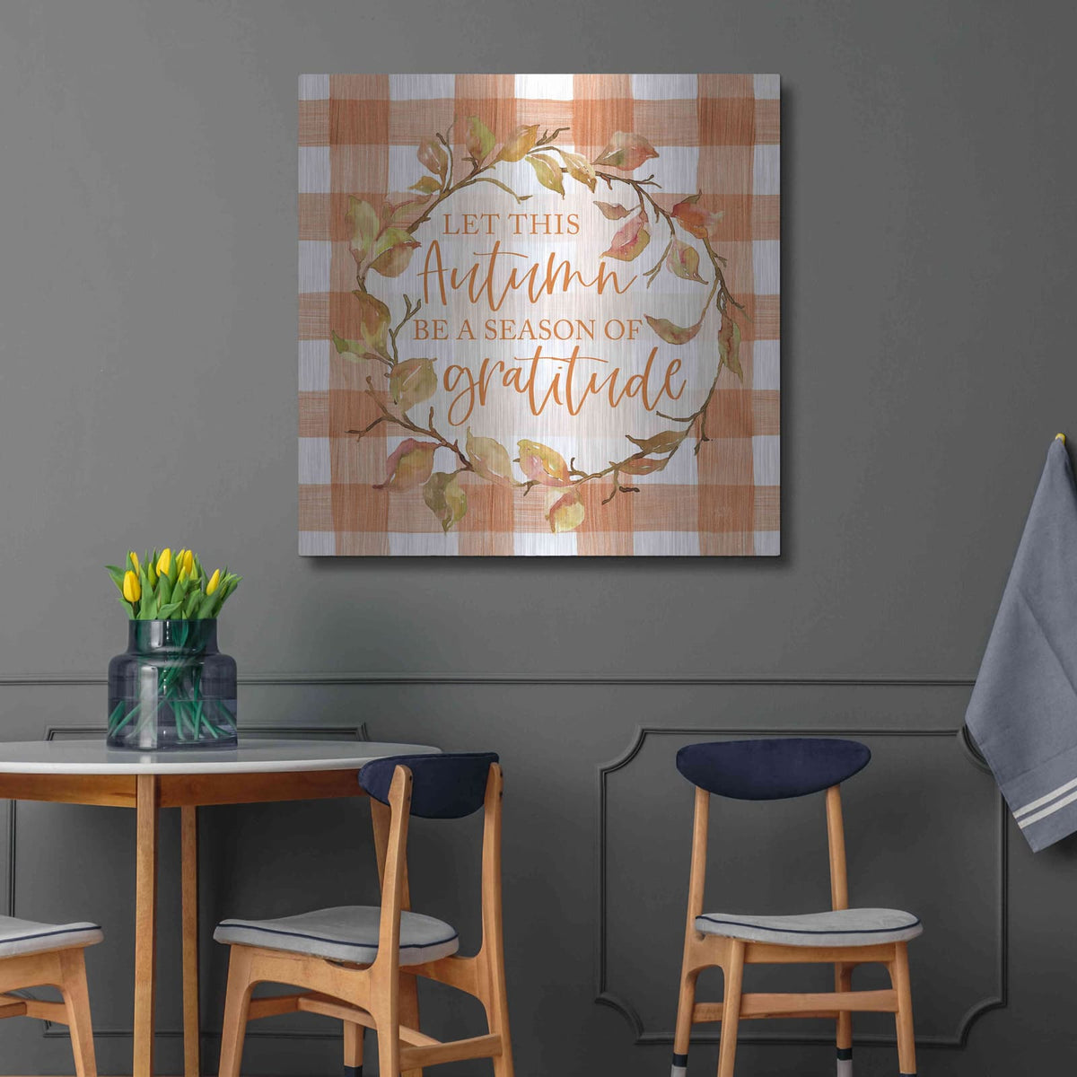 'Season of Gratitude Autumn' by Lux + Me – Metal Wall Art, 36x36 room view