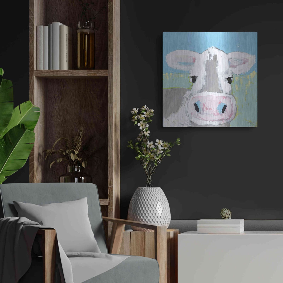'Moo' by Roey Ebert – Metal Wall Art, 24x24 room view