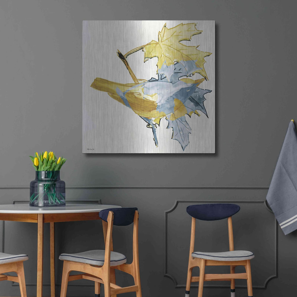 'Blue and Gold Bird' by Stellar Design Studio – Metal Wall Art, 36x36 room view