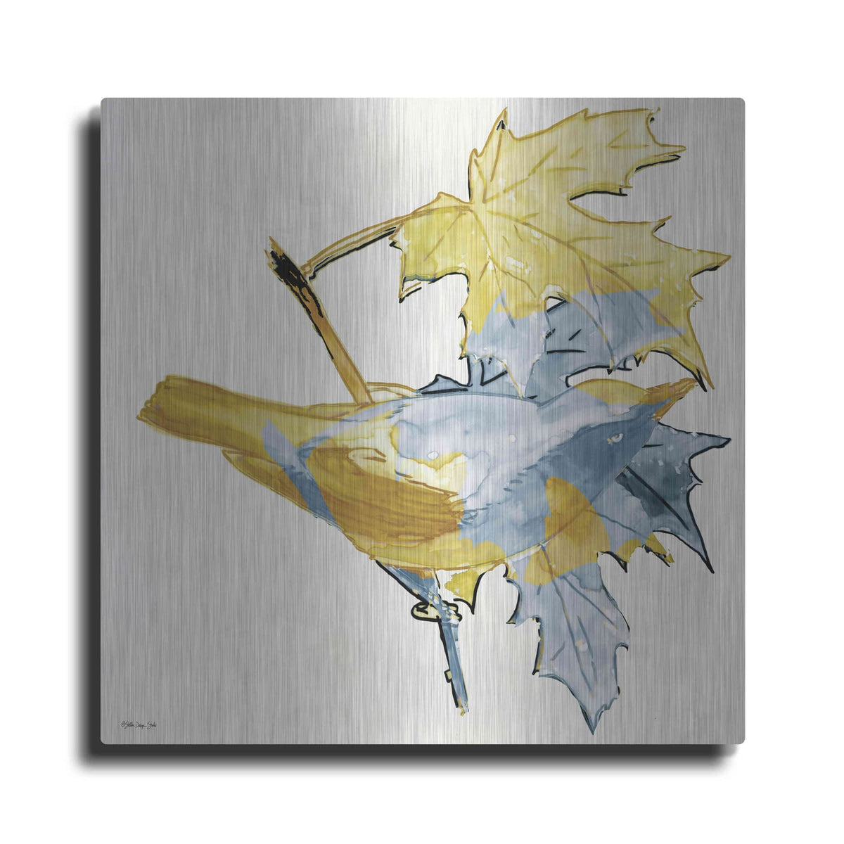 'Blue and Gold Bird' by Stellar Design Studio – Metal Wall Art
