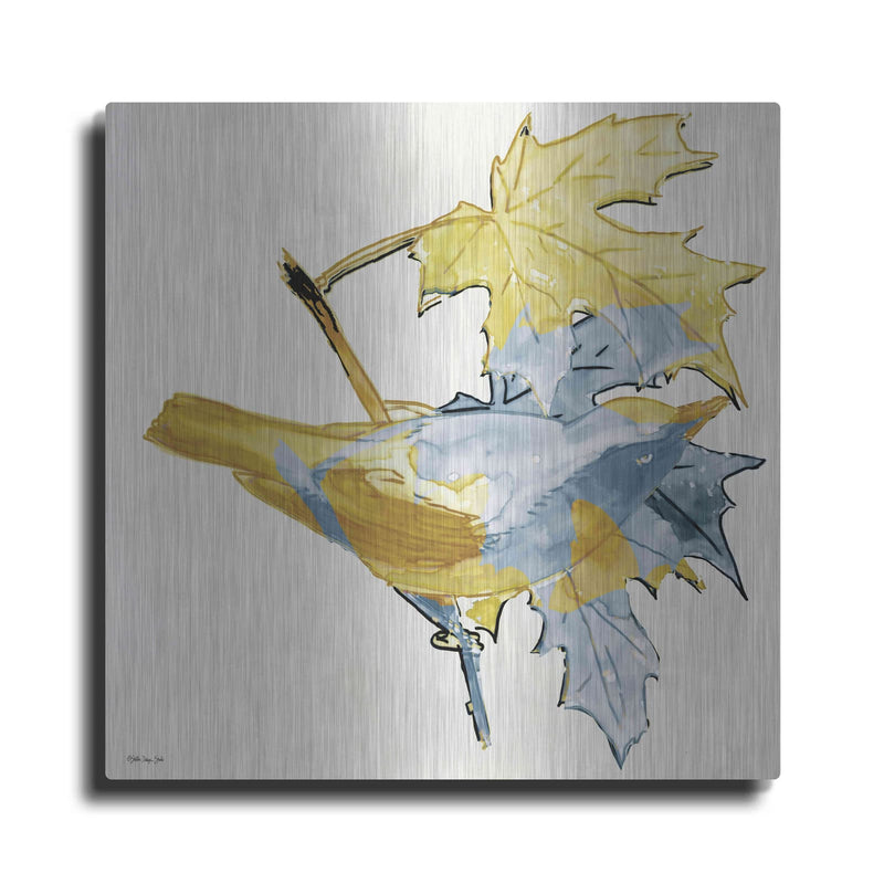 'Blue and Gold Bird' by Stellar Design Studio – Metal Wall Art