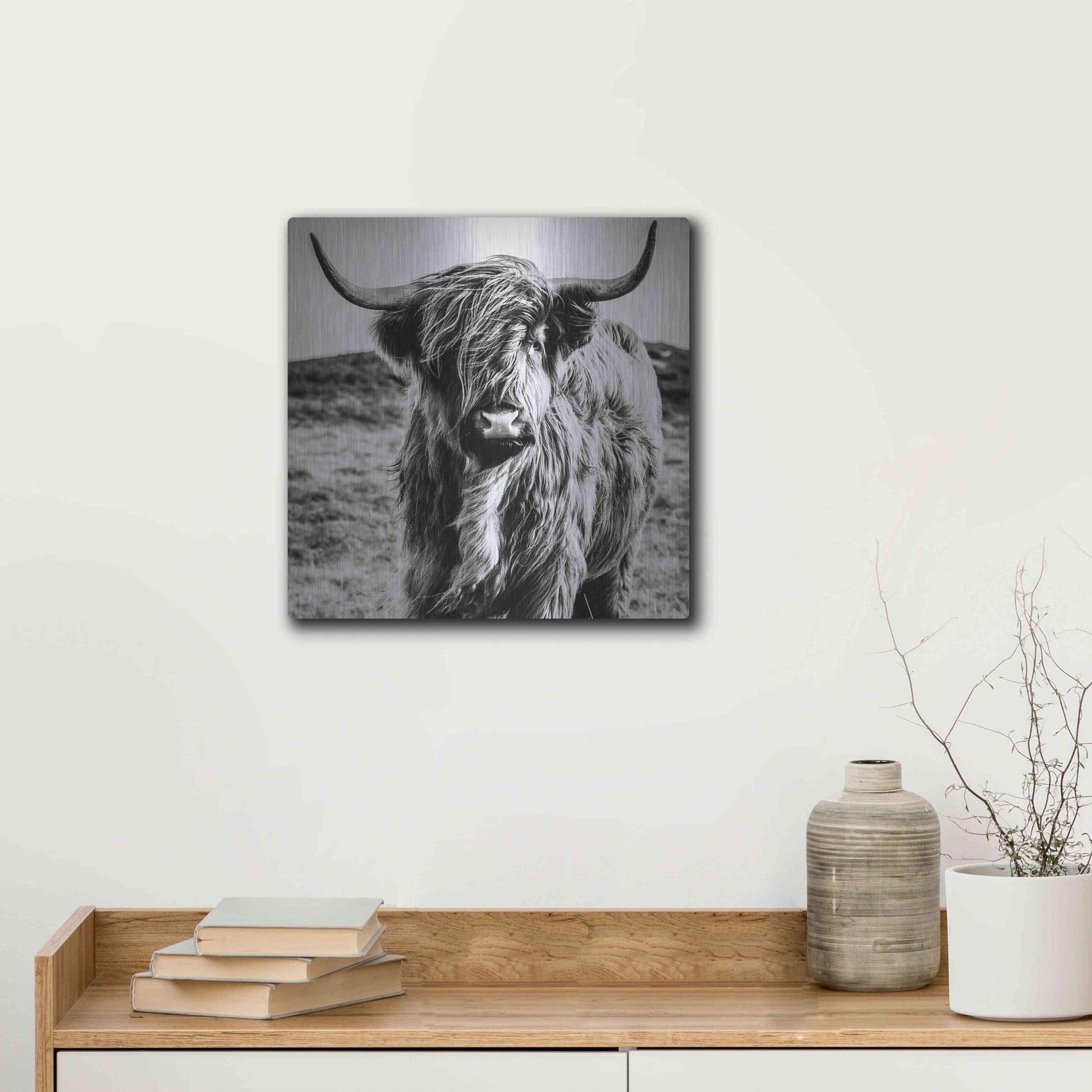 Luxe Metal Art 'Fluffy Cow' by Epic Portfolio Metal Wall Art,12x12