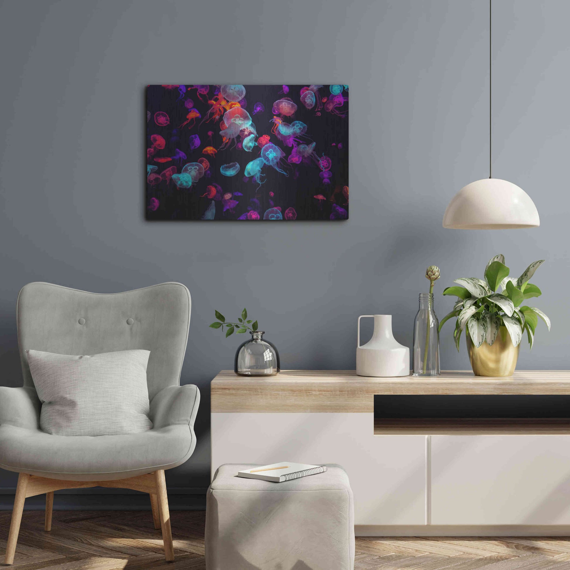 Luxe Metal Art 'Jelly Fish World' by Epic Portfolio Metal Wall Art,24x16