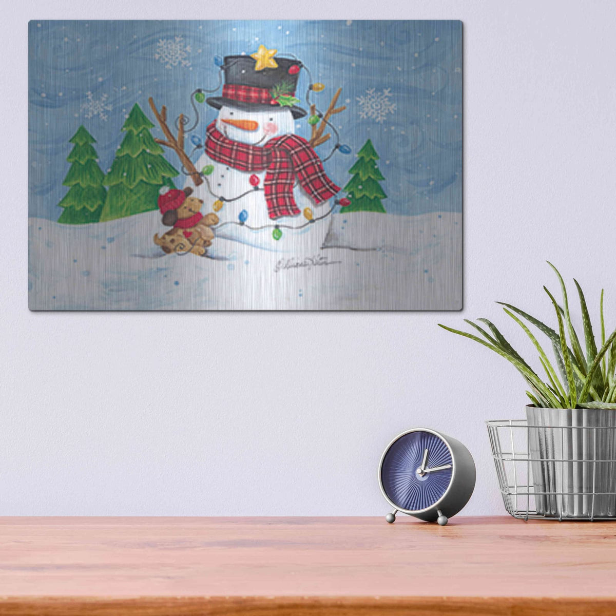 'Snowman and Christmas Lights' by Diane Kater – Metal Wall Art, 16x12 room view