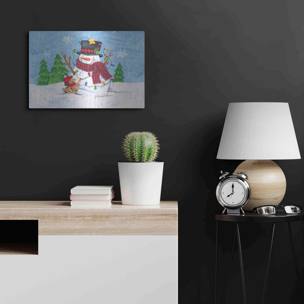 'Snowman and Christmas Lights' by Diane Kater – Metal Wall Art, 24x16 room view