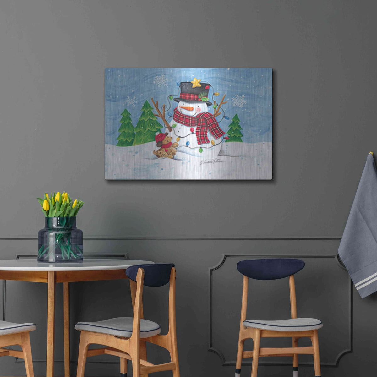 'Snowman and Christmas Lights' by Diane Kater – Metal Wall Art, 36x24 room view