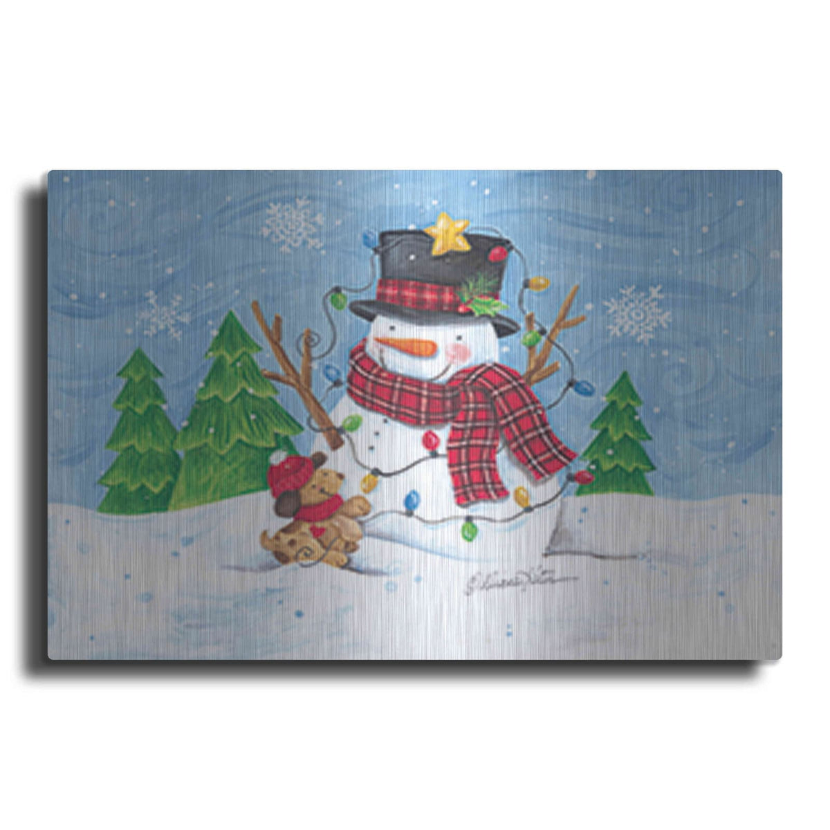 'Snowman and Christmas Lights' by Diane Kater – Metal Wall Art