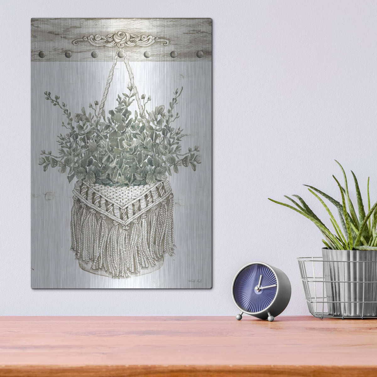 'Macrame Purse with Greenery I' by Cindy Jacobs – Metal Wall Art, 12x16 room view