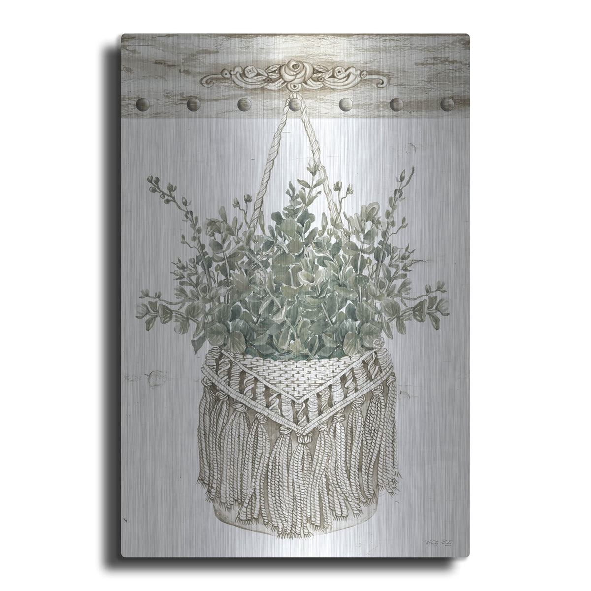 'Macrame Purse with Greenery I' by Cindy Jacobs – Metal Wall Art