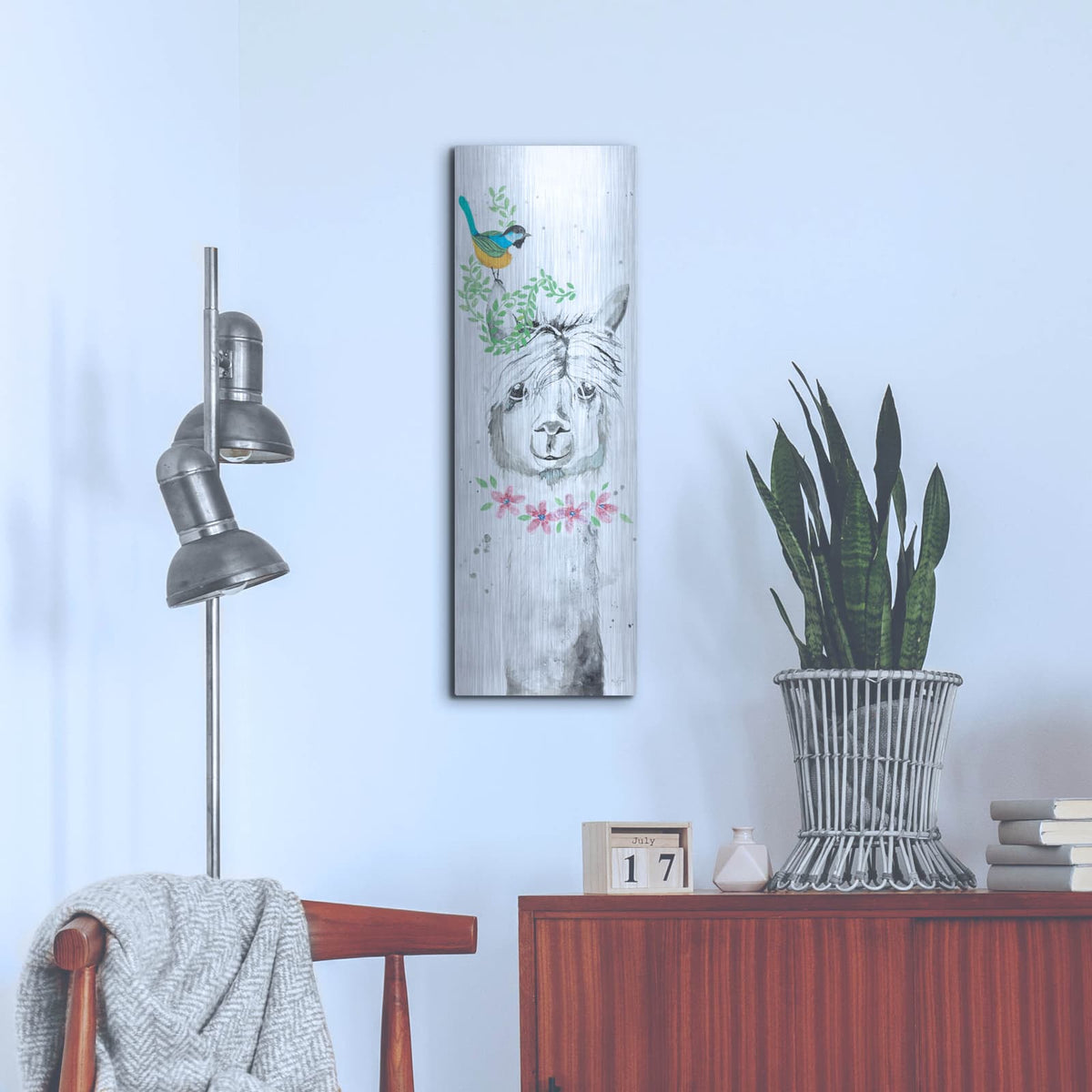 'Twinkle the Alpaca' by Diane Fifer – Metal Wall Art, 12x36 room view
