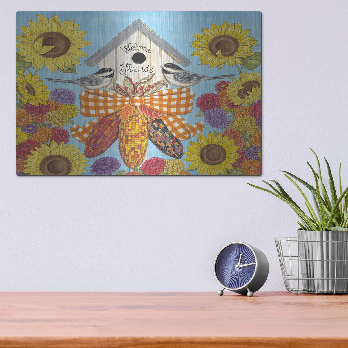 'Fall Birdhouse with Chickadees' by Deb Strain – Metal Wall Art, 16x12 room view