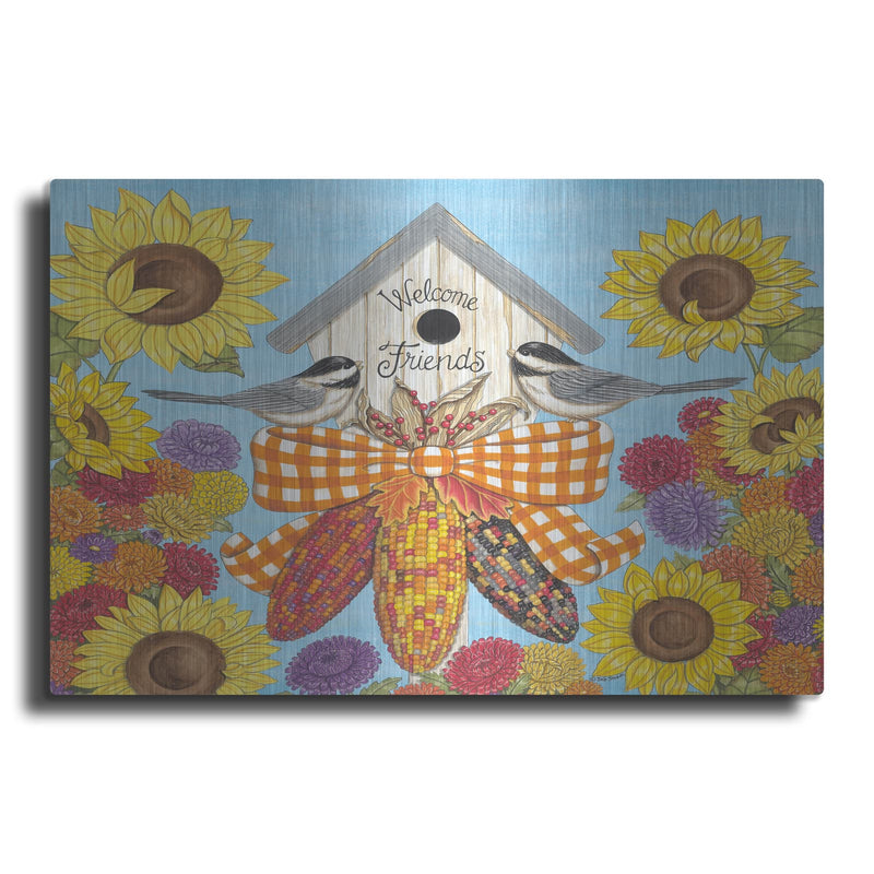 'Fall Birdhouse with Chickadees' by Deb Strain – Metal Wall Art