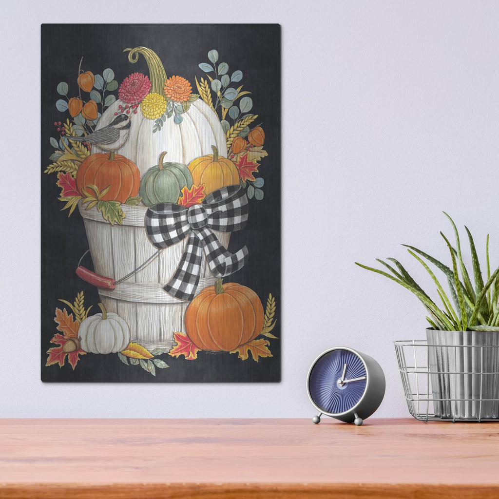 'Fall Bucket with Chickadee' by Deb Strain – Metal Wall Art, 12x16 room view