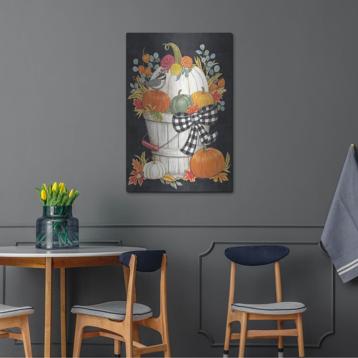 'Fall Bucket with Chickadee' by Deb Strain – Metal Wall Art, 24x36 room view