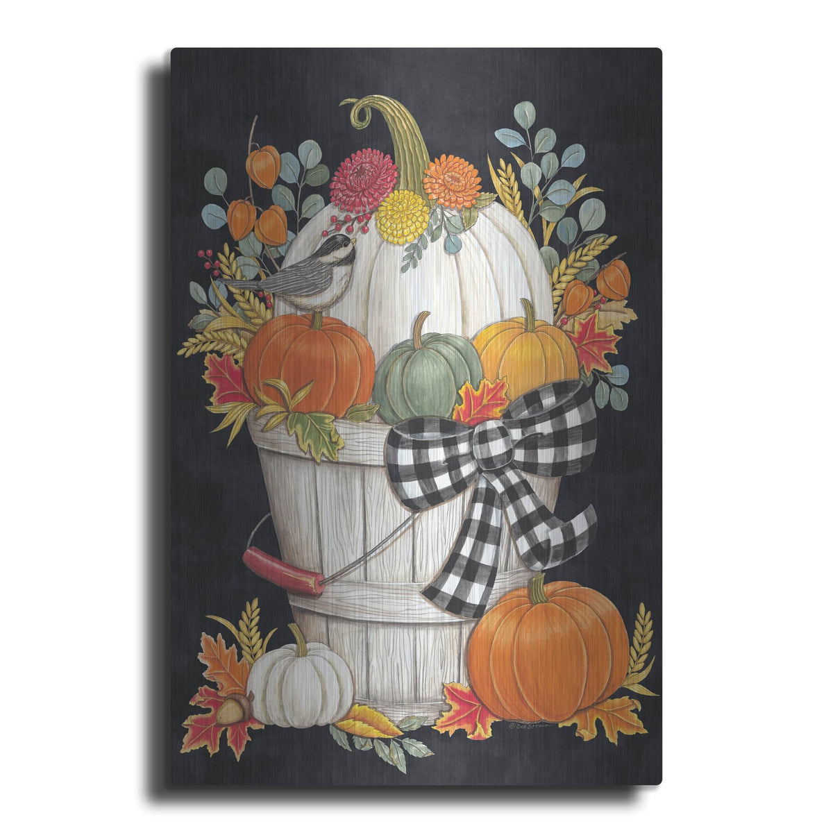 'Fall Bucket with Chickadee' by Deb Strain – Metal Wall Art