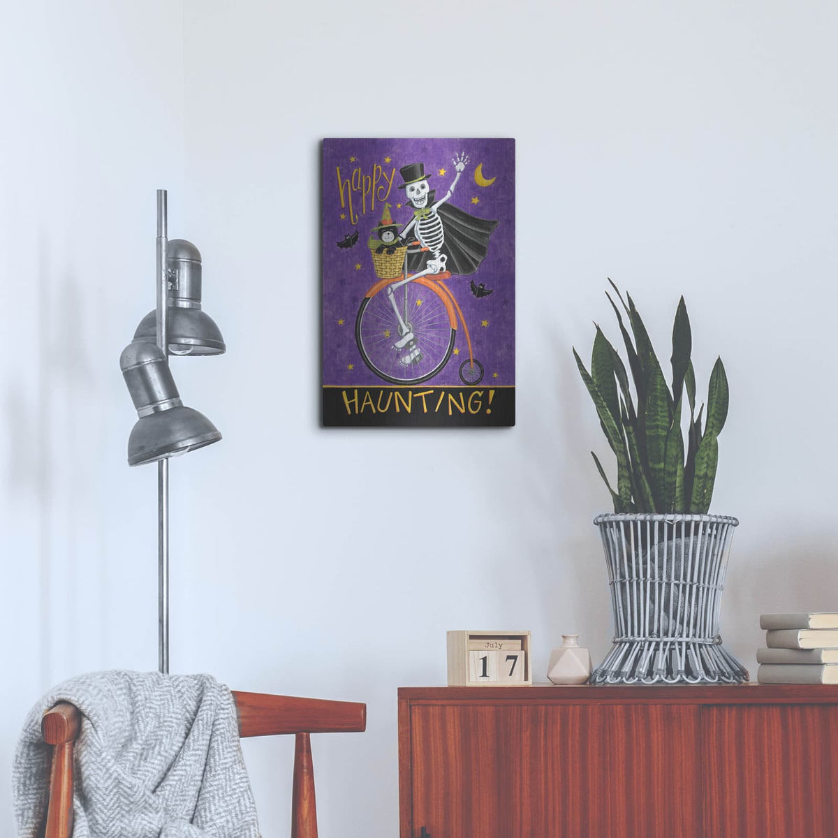 'Skelton on Bicycle' by Deb Strain – Metal Wall Art, 16x24 room view