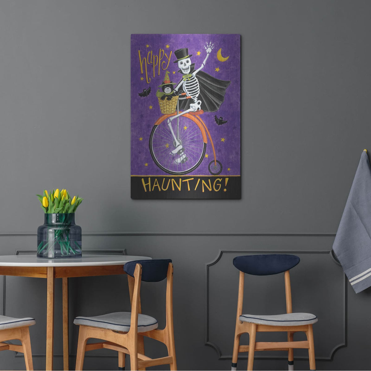 'Skelton on Bicycle' by Deb Strain – Metal Wall Art, 24x36 room view