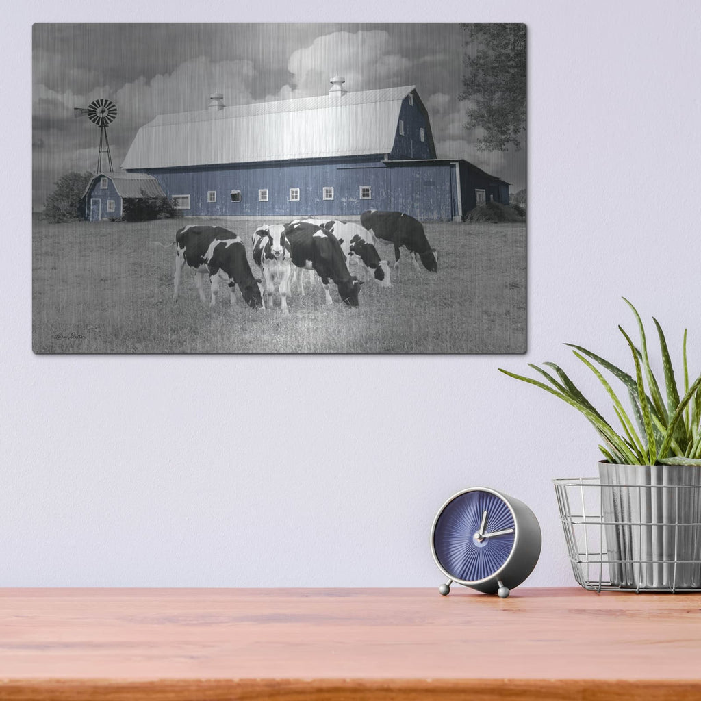 'Blue Barn with Cows' by Lori Deiter – Metal Wall Art, 16x12 room view