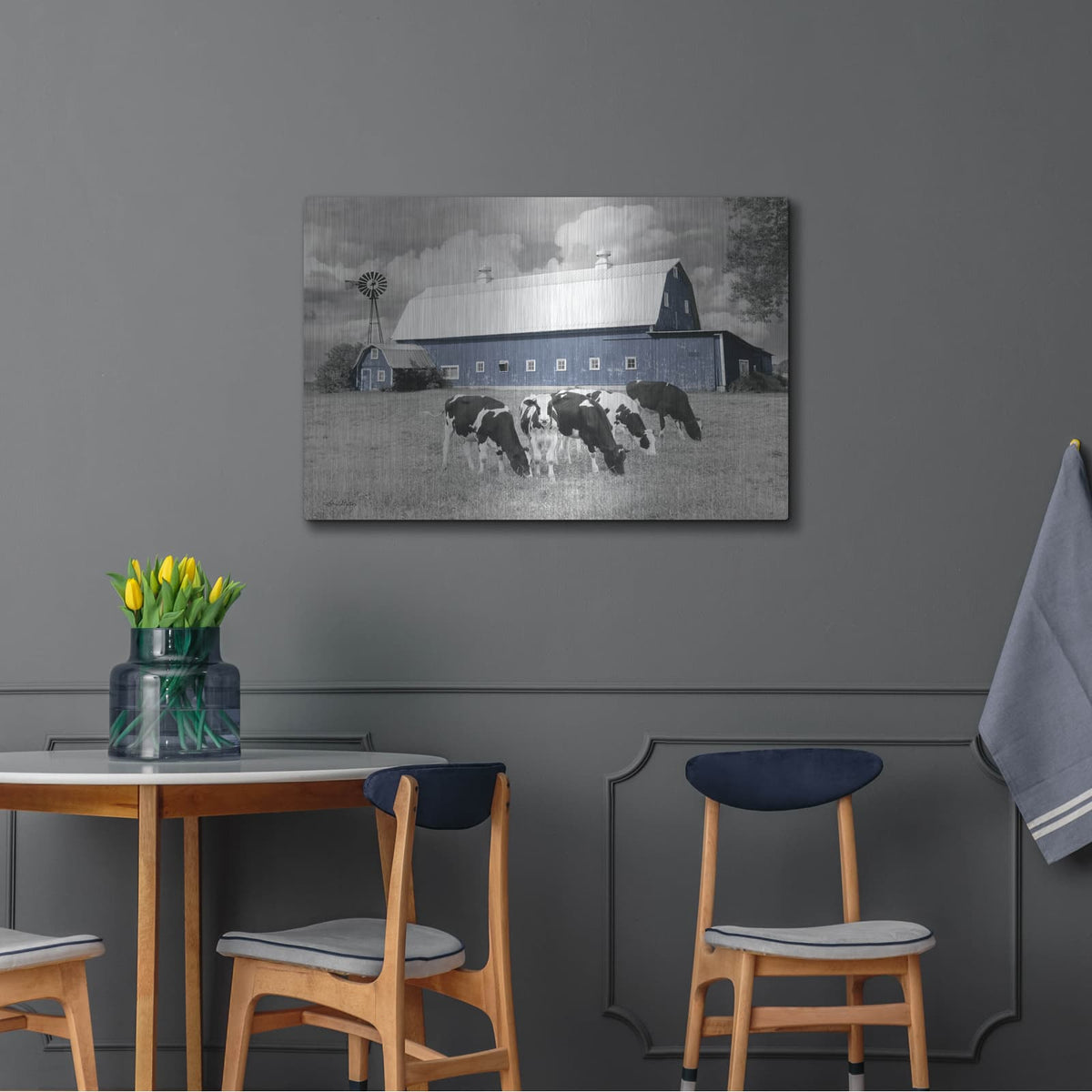 'Blue Barn with Cows' by Lori Deiter – Metal Wall Art, 36x24 room view