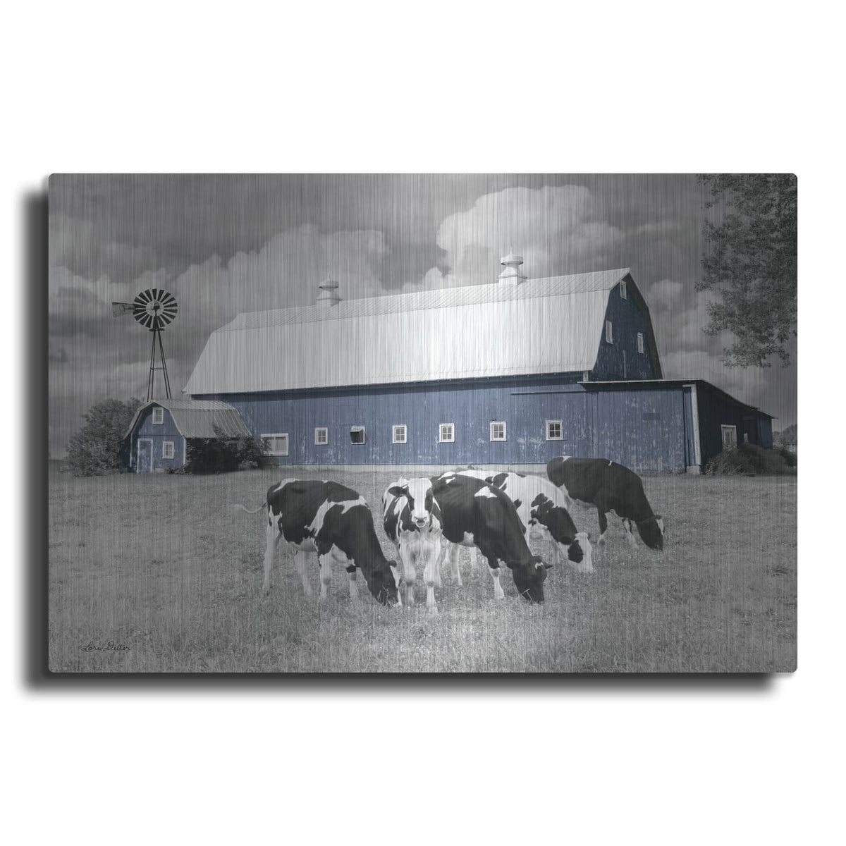 'Blue Barn with Cows' by Lori Deiter – Metal Wall Art