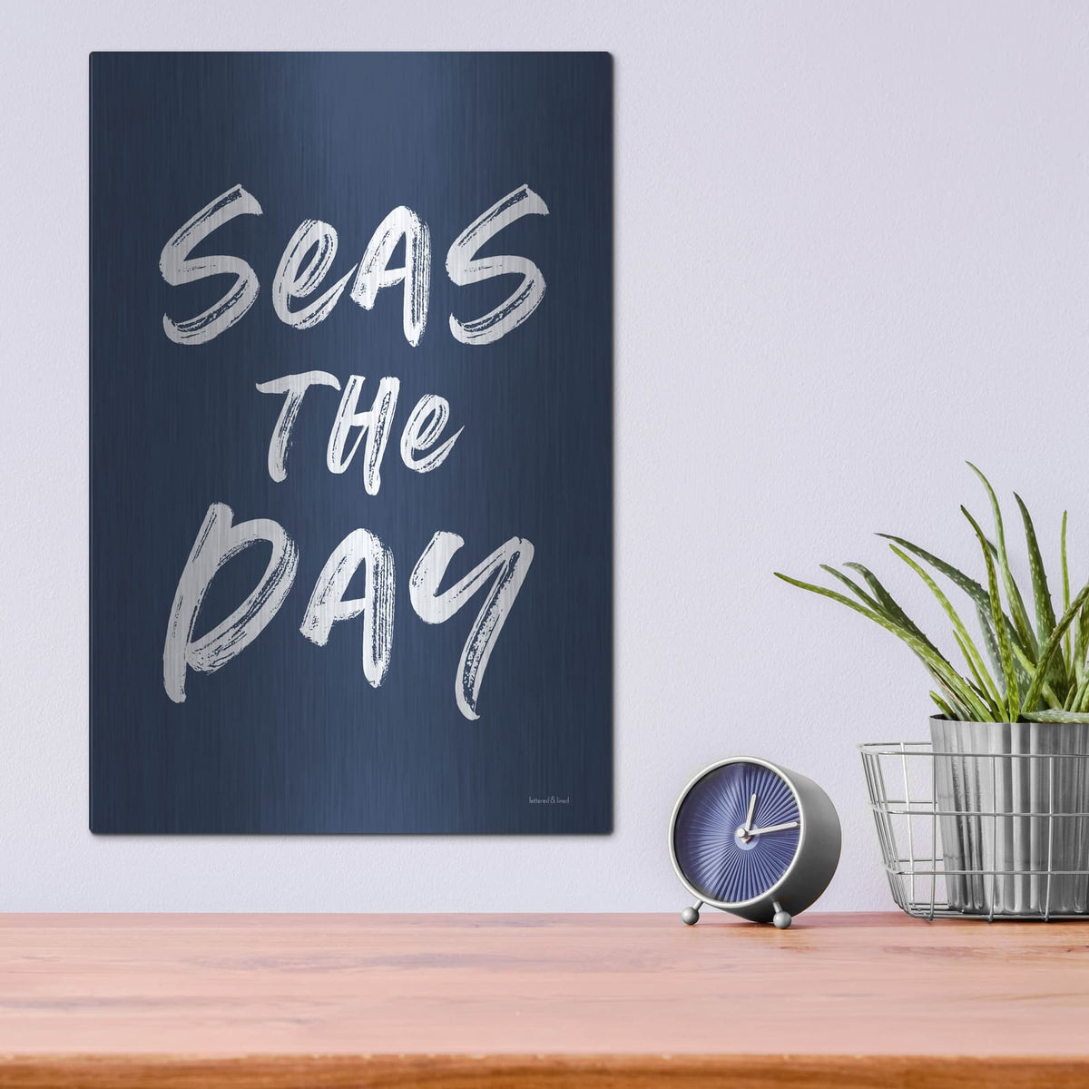 'Seas the Day Navy' by Lettered & Lined – Metal Wall Art, 12x16 room view