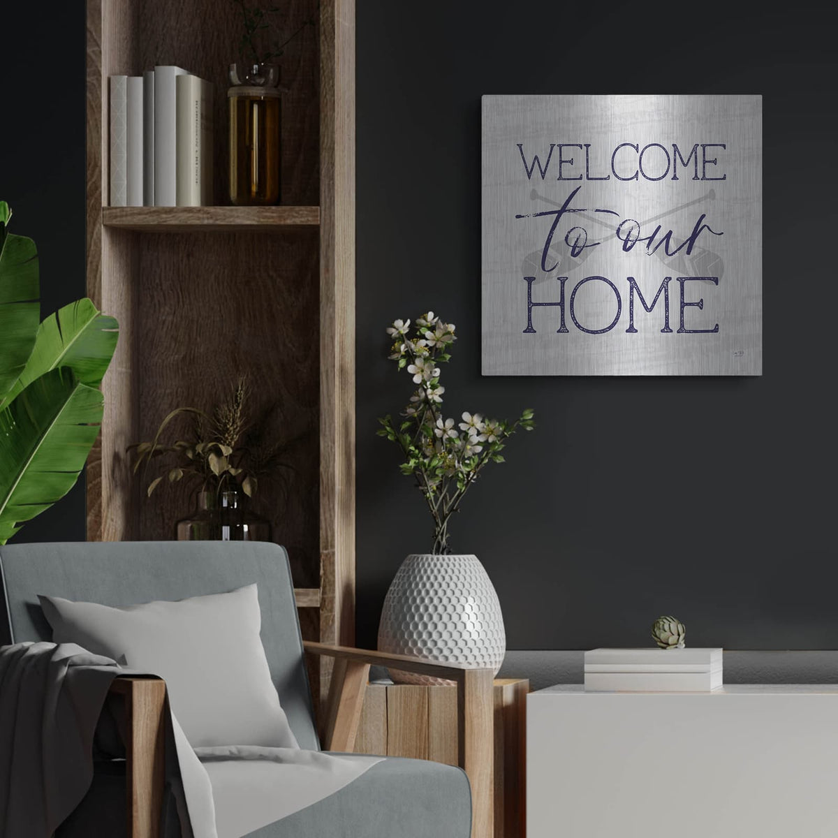 'Lake Welcome to Our Home' by Lux + Me – Metal Wall Art, 24x24 room view