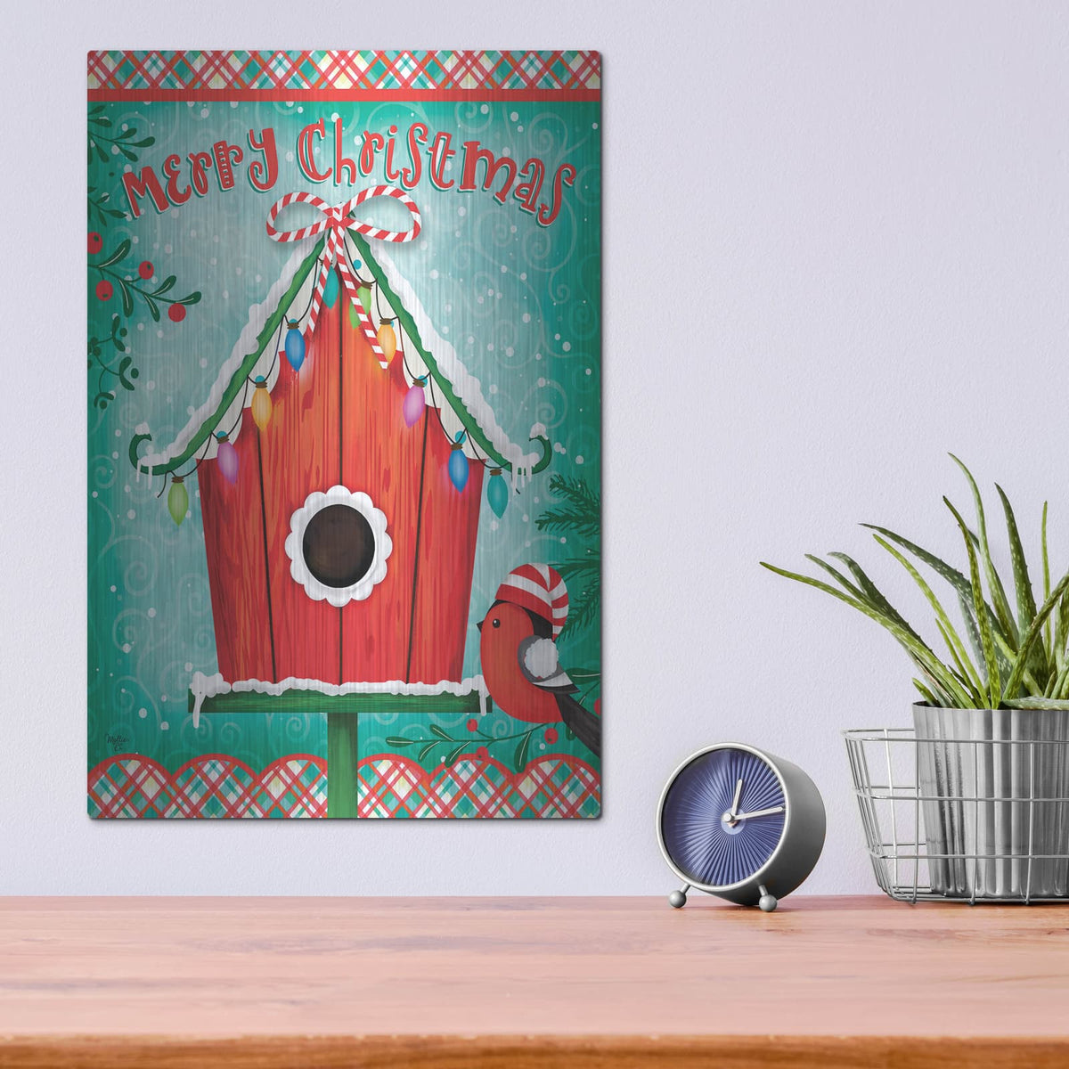 'Christmas Birdhouse' by Mollie B Art – Metal Wall Art, 12x16 room view