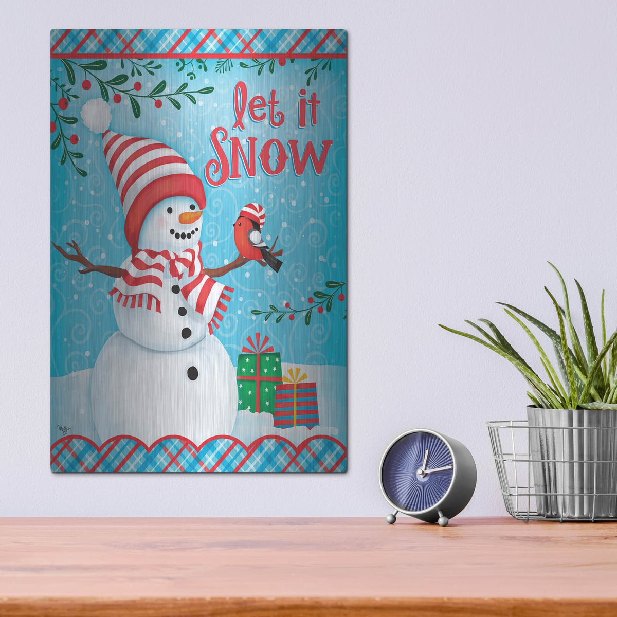 'Snowman and Bird' by Mollie B Art – Metal Wall Art, 12x16 room view