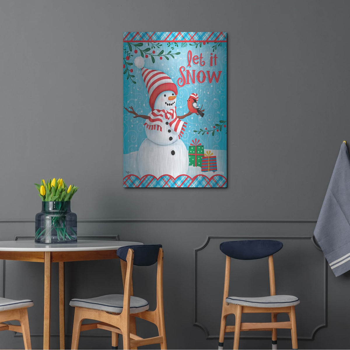 'Snowman and Bird' by Mollie B Art – Metal Wall Art, 24x36 room view