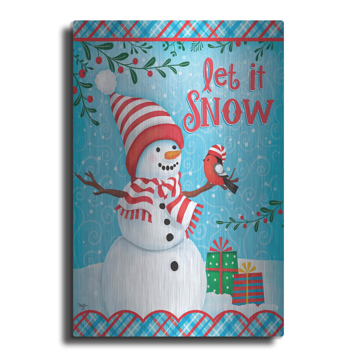 'Snowman and Bird' by Mollie B Art – Metal Wall Art
