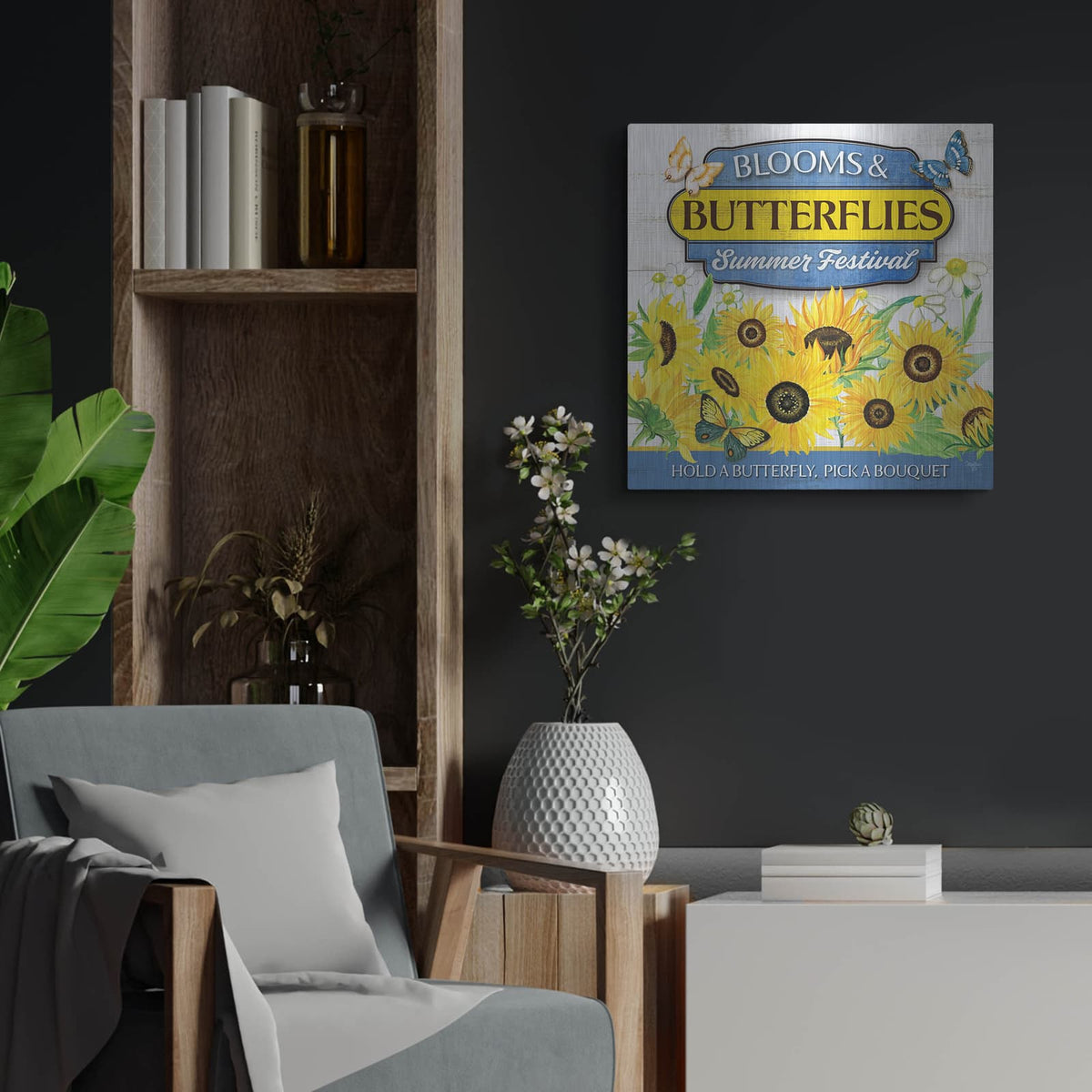 'Blooms & Butterflies' by Mollie B Art – Metal Wall Art, 24x24 room view